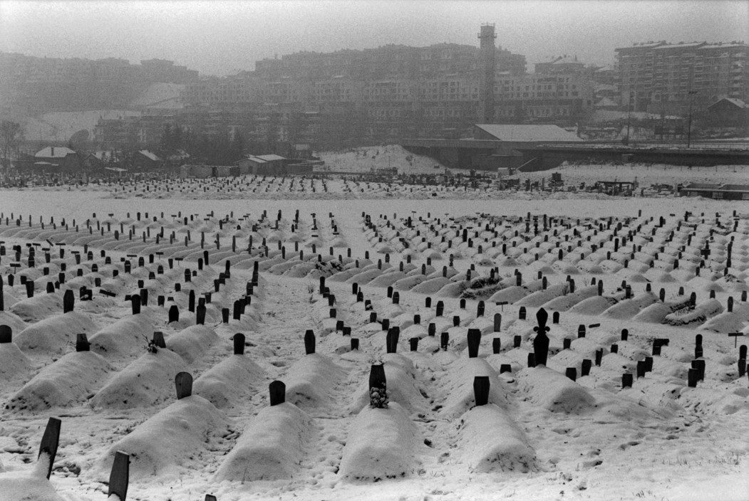 Muslim cemetery under snow. The ground was a football field before the war. Sarajevo. 1993.