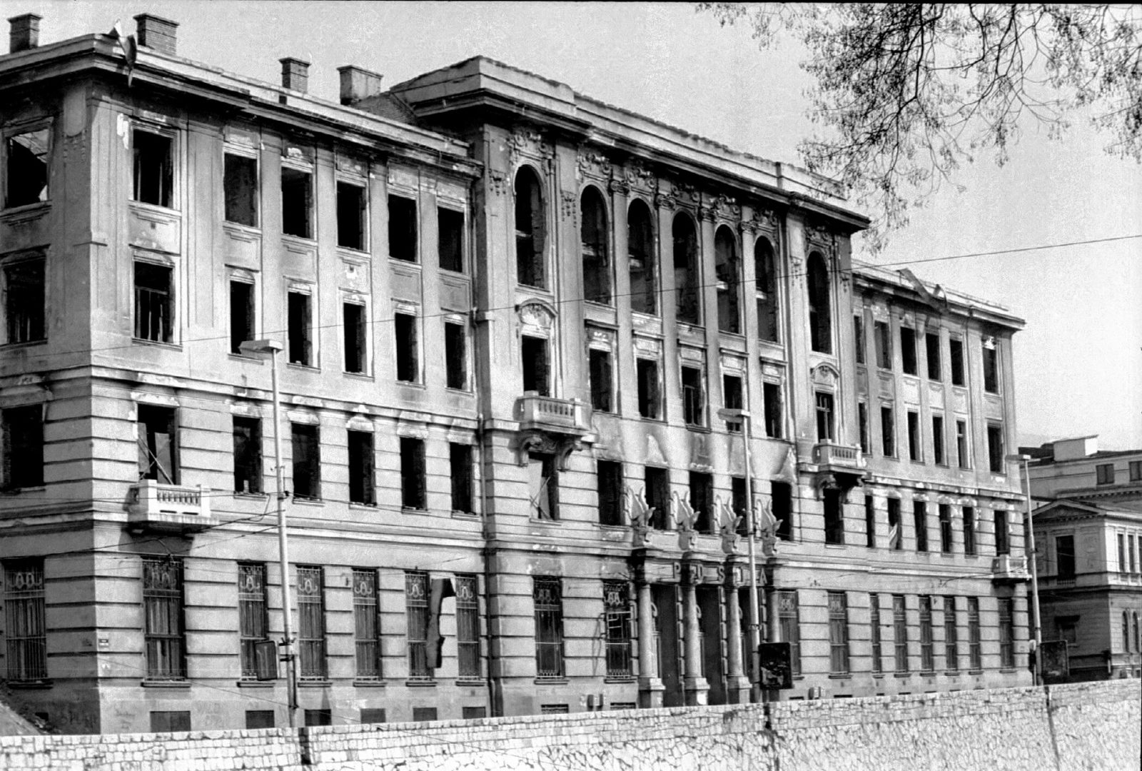 Post Office on Obana Kulina. Gutted by incendiary shells, like the National Library nearby, whose archives were destroyed in the fire. They contained the unique documentary record of Bosnia's history.