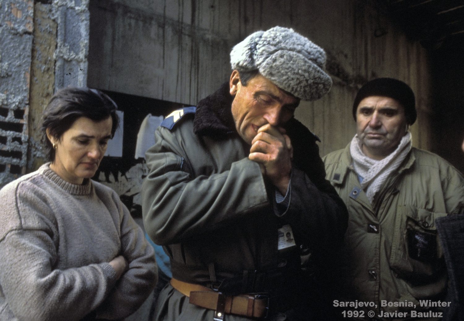Bosnian policeman mourns death of comrade assassinated minutes before by Serb forces. Sarajevo Bosnia and Herzegovina, Winter 1992.