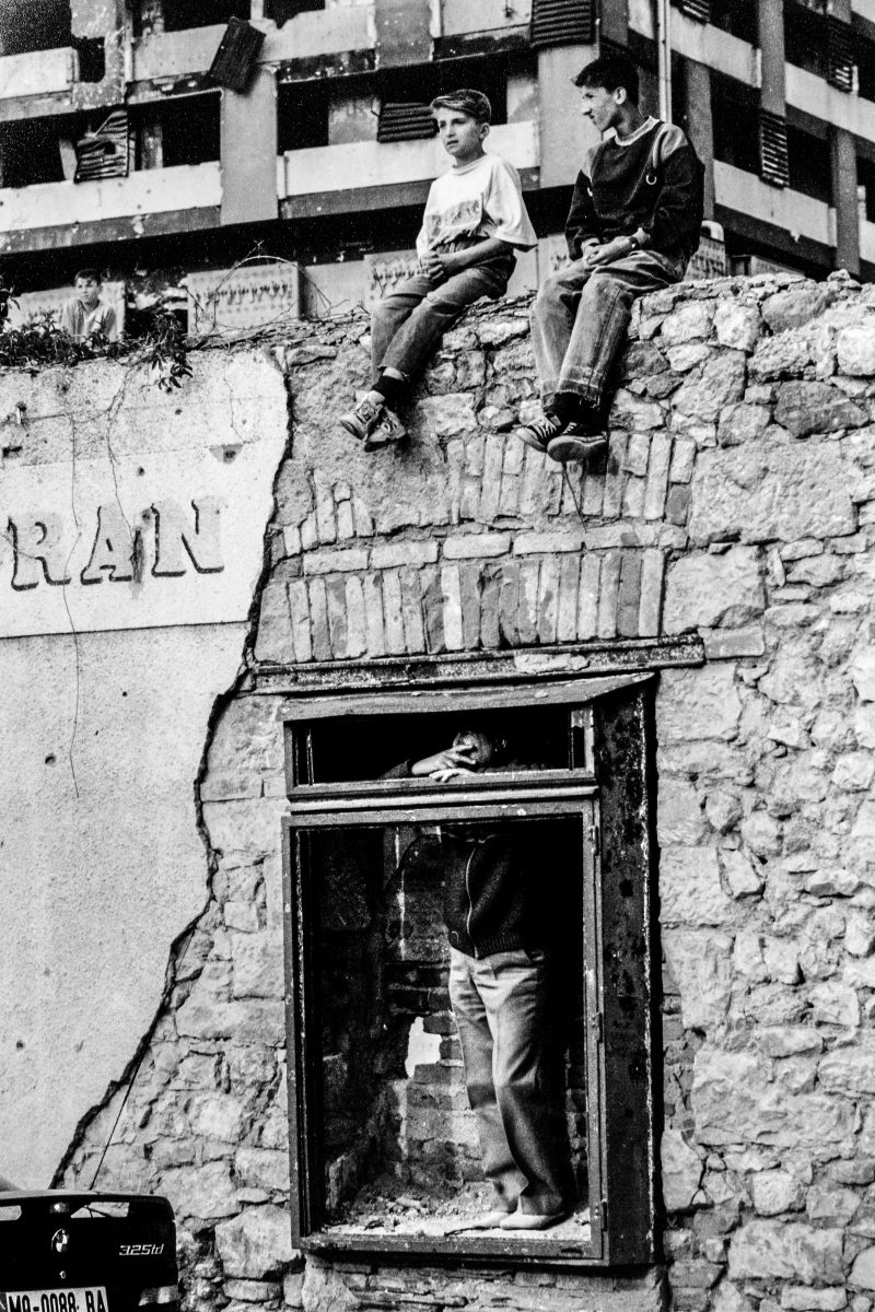 Children in the war damaged streets of Mostar, BosniaWarchild projects in Mostar and Sarajevo, in Bosnian Wars, 1994-1995
