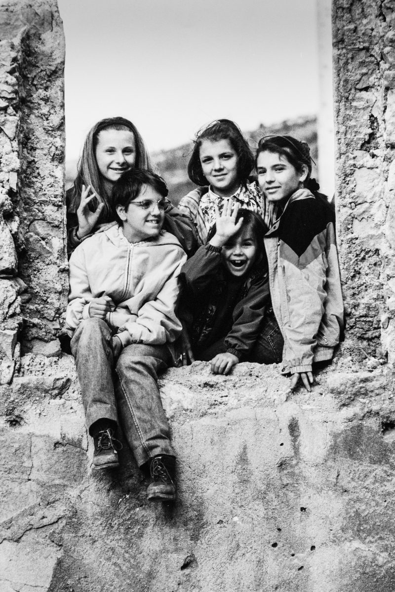 Children in the war damaged streets of Mostar, BosniaWarchild projects in Mostar and Sarajevo, in Bosnian Wars, 1994-1995