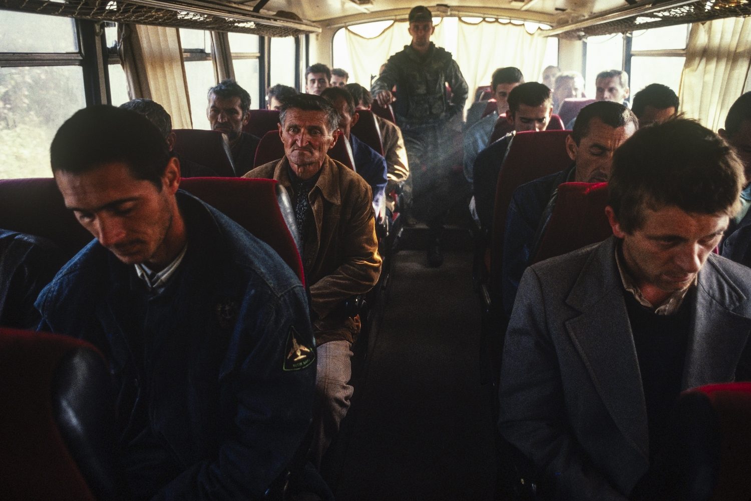 Serb soldiers take Muslim prisoners from Manjaca concentration camp to Knin for a prisoner exchange. However, the attempt failed because the Serb officers in charge were too drunk to negotiate with UN officials, Serbian Krijina, September 1992.