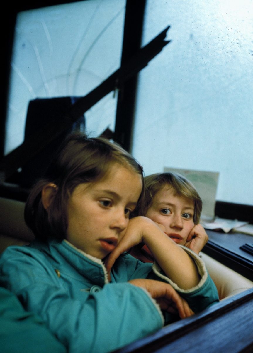 Two girls in class on the first day of school since the siege of Sarajevo started 17 months before, in Sarajevo, Bosnia, September 1993.